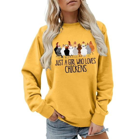 Arlun Just a Girl Who Loves Chickens Sweatshirts Women's Funny Chicken Graphic Letter Farm Casual Sweatshirts Crewneck Drop Shoulder Long Sleeve Pullover Tops Yellow XL