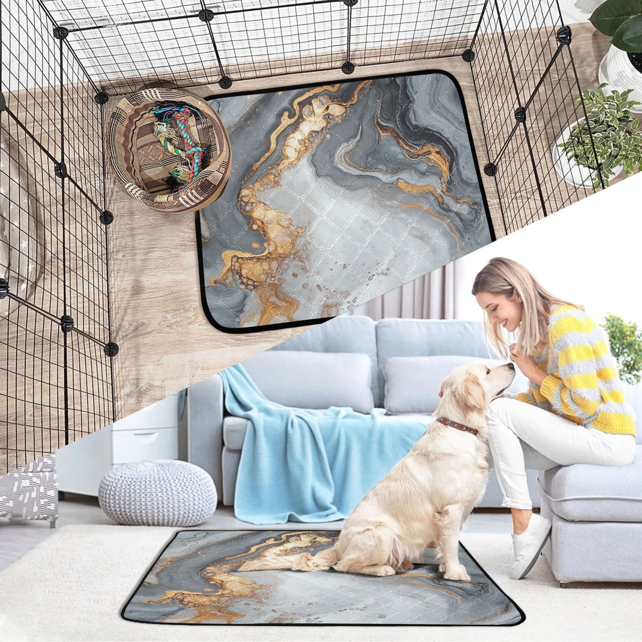 Qxltty Gray Gilt Patterns Cat litter Pads Pet Set of 3 Diaper Mats Center Anti-leakage Layer Absorbent Soft and Comfortable