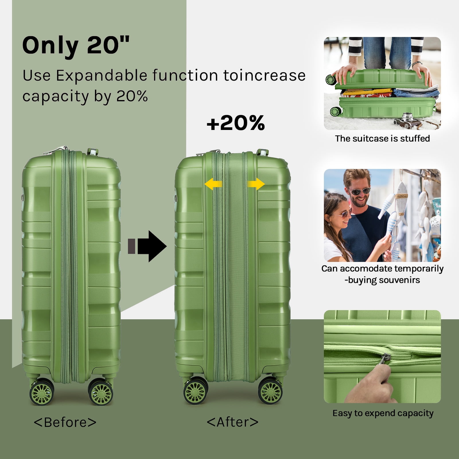 Joyway 5-Piece Luggage Set PP Hardshell Spinner Suitcase with TSA Lock - (Expandable Carry-On 20 Inch) (24 Inch 28 Inch) for School, Travel, Weekend - Green