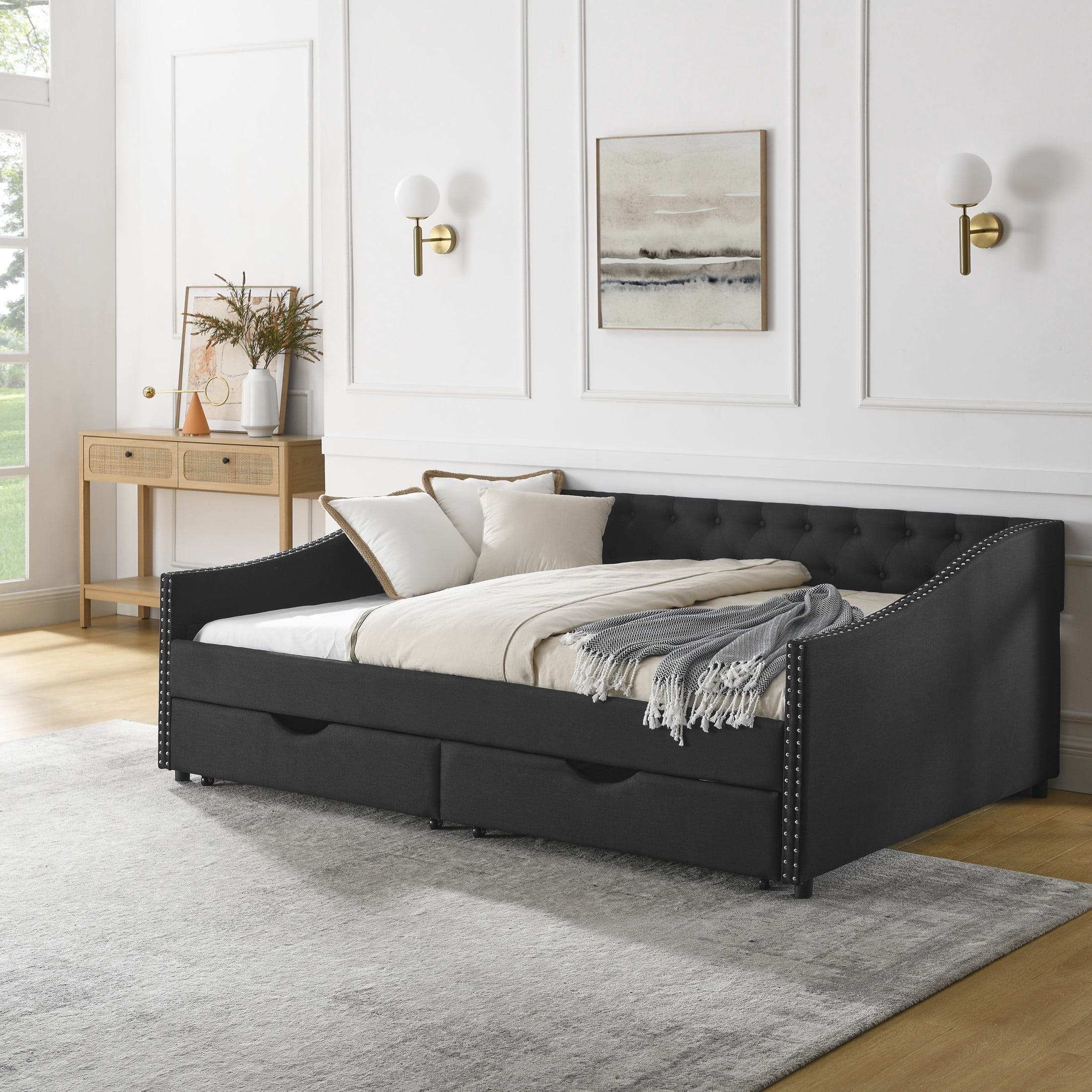 Noble House Brixo Full Size Daybed with Drawers, Linen Upholstered Tufted Sofa Bed with Nailhead Waved Arms, Black