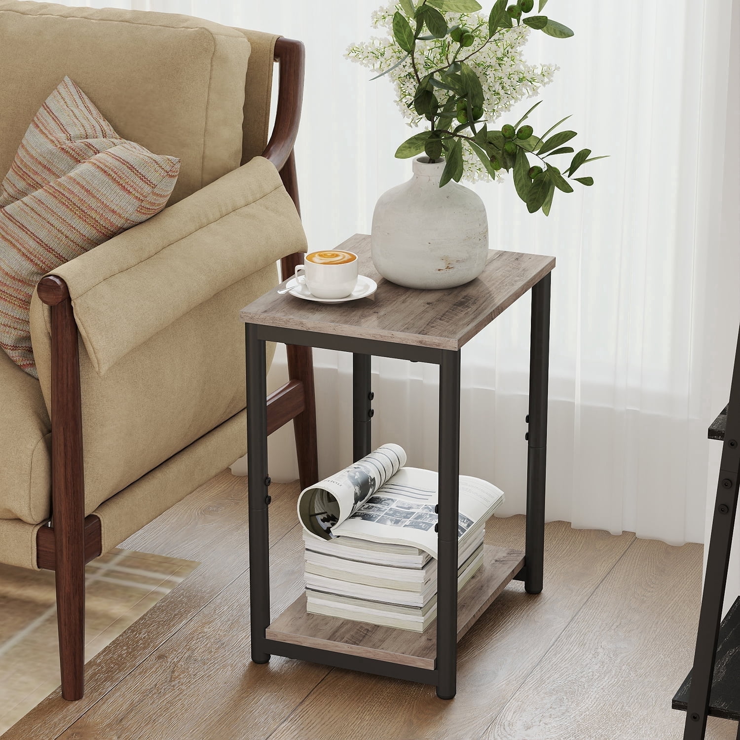 LEDREM Industrial 2-Pack Accent End Tables, Sturdy Steel Frame & Particleboard, Easy assembly, Adjustable Feet Slim Side Table, Greige and Black