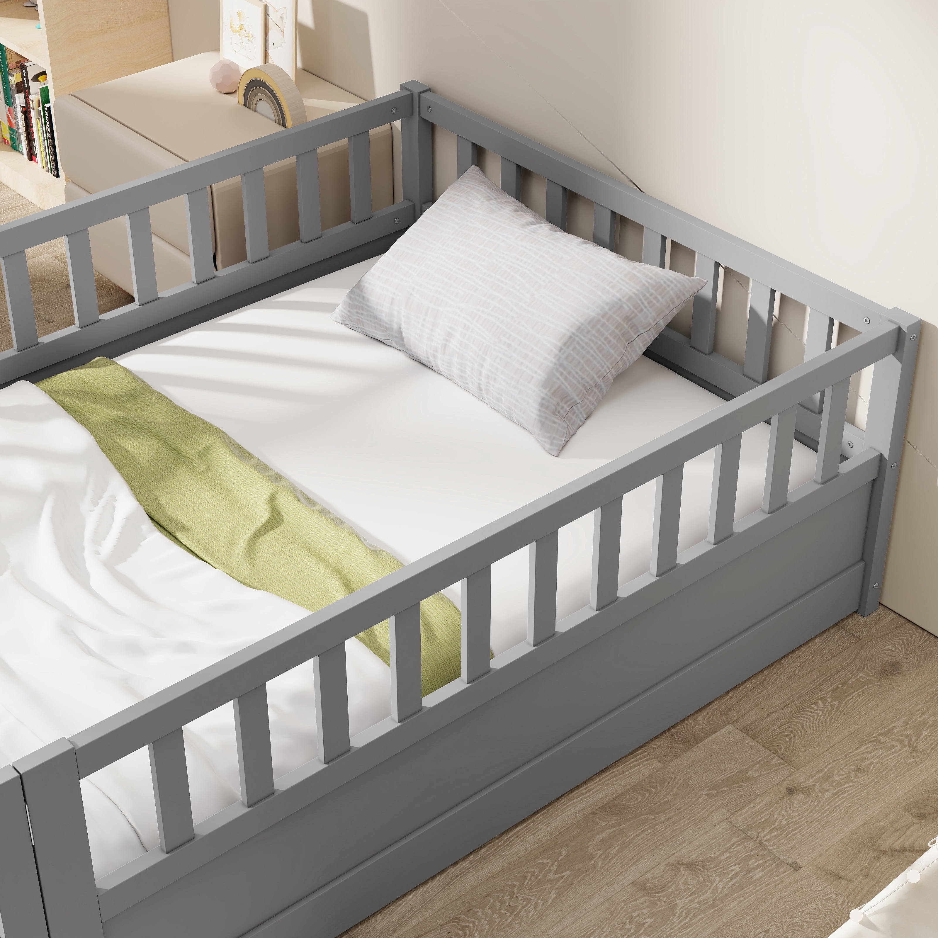 Floor Bed, Low-Profile Bed Frame, Twin Size Bed with High Safety Barrier, Door and Support Slats for Stability, Solid Pine Wood Construction, Grey