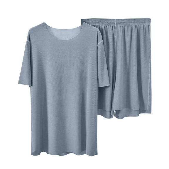 Women's Casual Solid Color Pajama Set - Short Sleeve Top & Elastic Shorts 2-Piece Sleepwear, Soft Lounge Outfit for Home, Summer Comfort for Women,Blue L