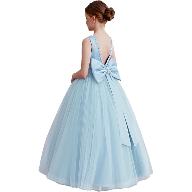 Flower Girl Dress Kids V-Back Puffy Tulle Satin Flowergirl Wedding Guest Party Birthday Bridesmaid Pageant Prom Gown