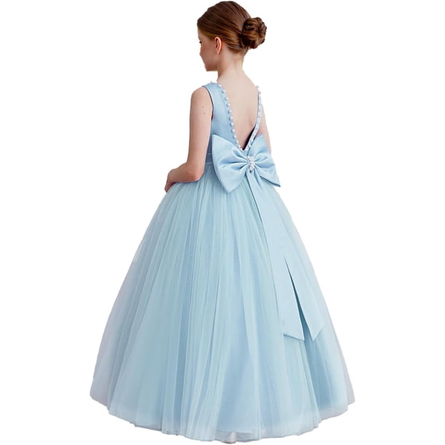 Flower Girl Dress Kids V-Back Puffy Tulle Satin Flowergirl Wedding Guest Party Birthday Bridesmaid Pageant Prom Gown