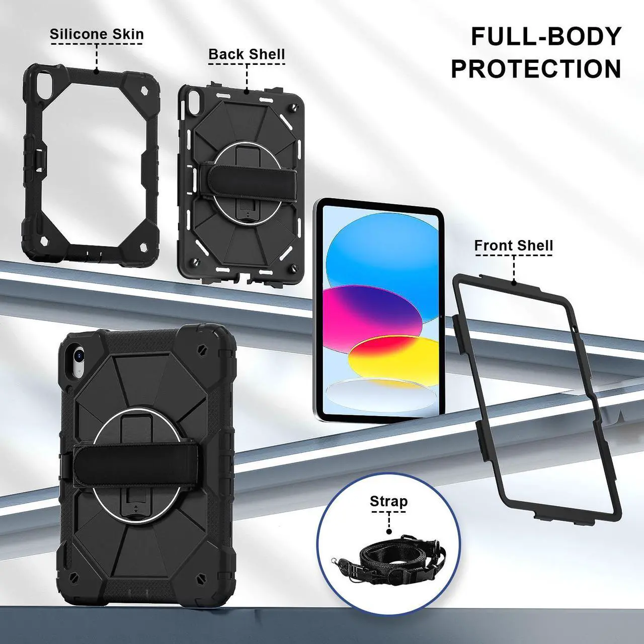 Case for iPad (A16) 11th Generation 11 Inch 2025, iPad 10th Generation 10.9 inch 2022 with Rotating Stand Pencil Holder Hand/Shoulder Strap, Shockproof Protective Cover