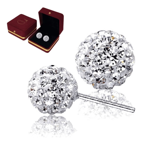AIDAIL 925 Sterling Silver 10mm Pave Crystal Disco ball Earrings Stud Silver for Women Shamballa Inspired