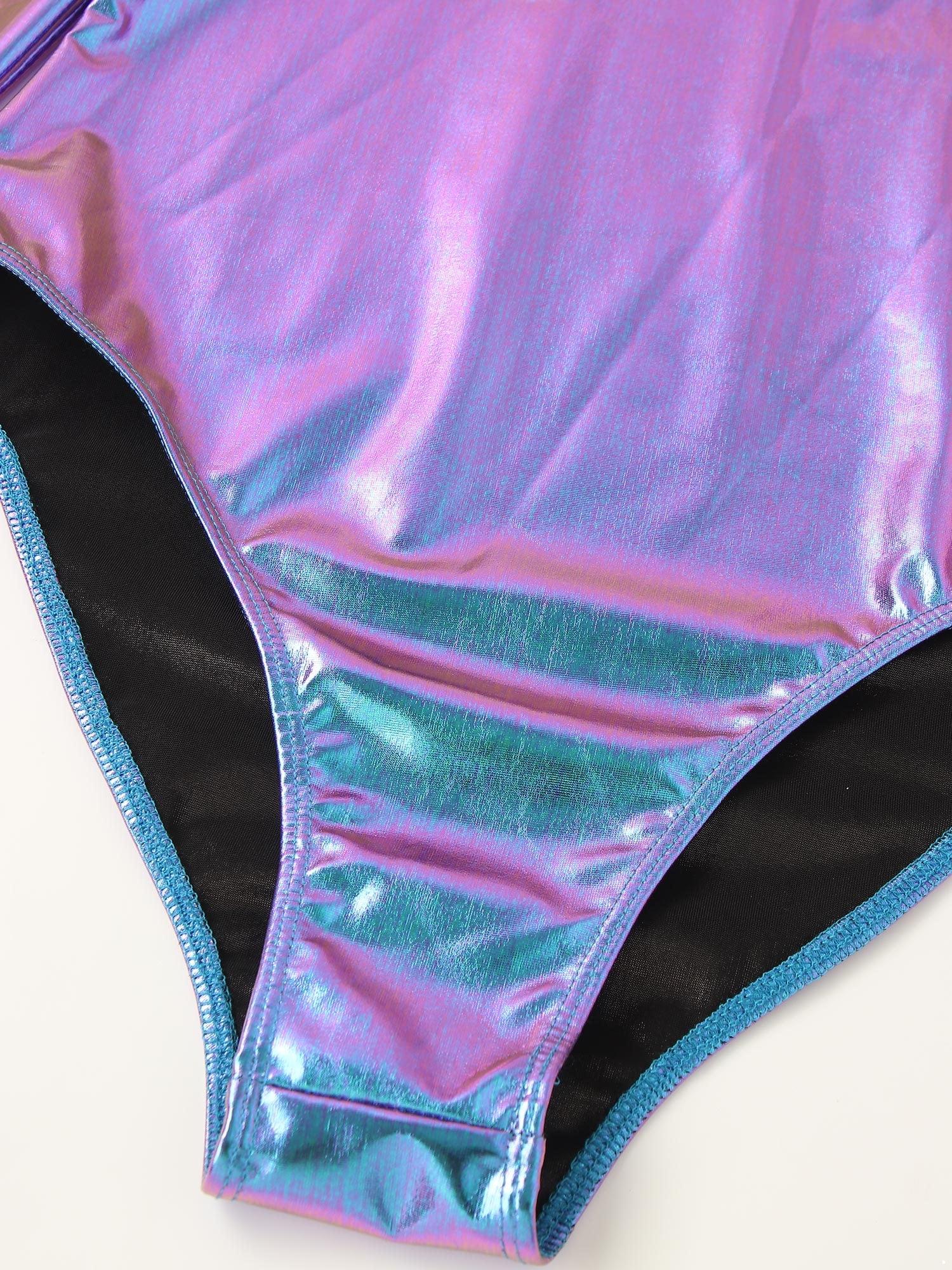 Renvena Women's Metallic Shiny Bodysuit - Flared Sleeve High Cut Leotard For Rave, Club, Party Wear
