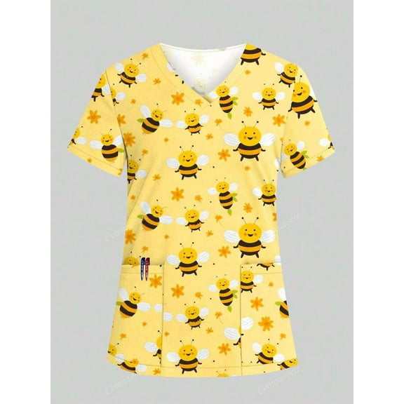 Cimmuovere Women's V-Neck Cute Print Double Pocket Short Sleeve Scrubs Nurse Scrubs Workwear Dentist Healthcare Pet Hospital Laboratory Top