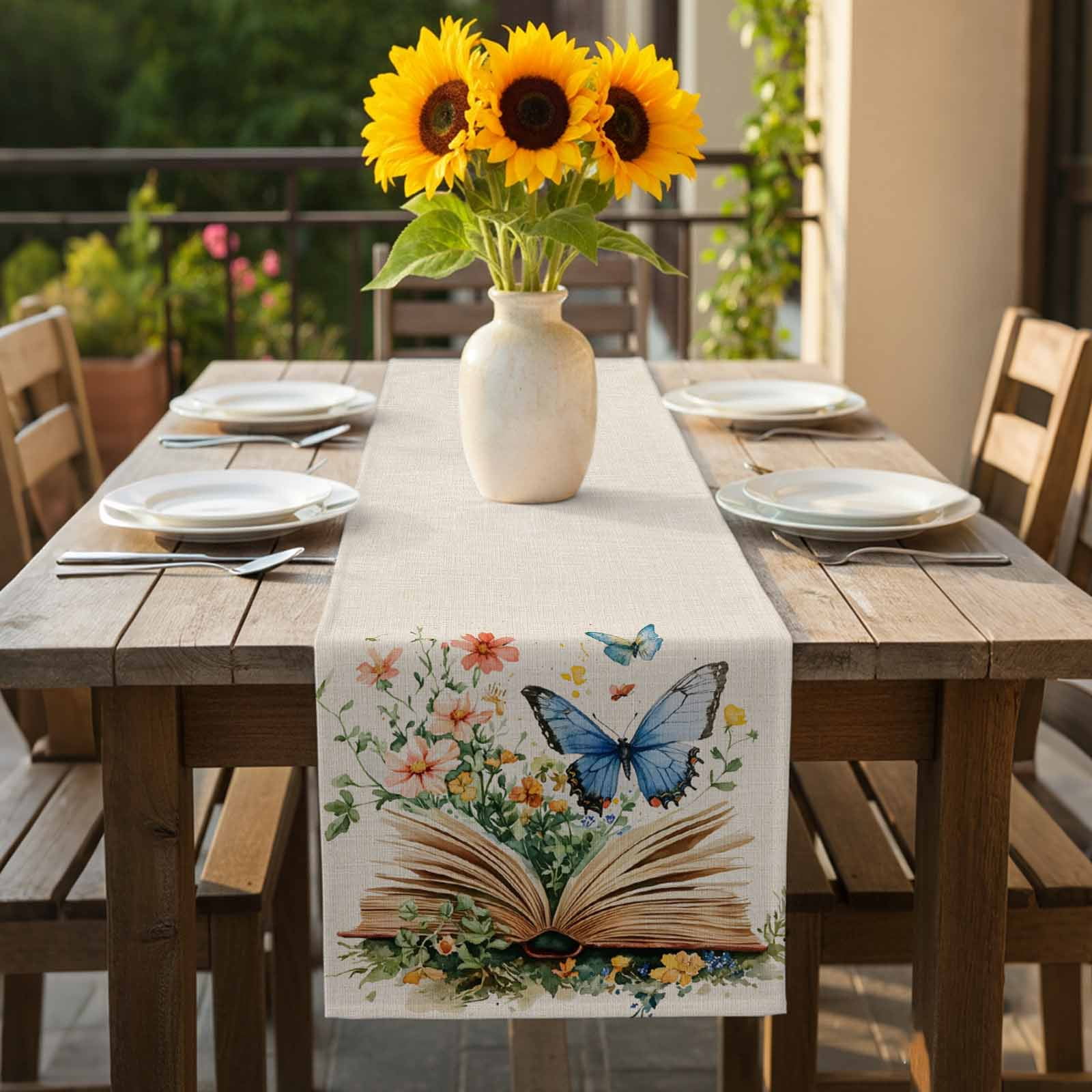 Butterfly Book Table Runner 13x90 inch Spring Flowers Cotton Linen Dining Table Runner Ideal for Dresser Kitchen Coffee Tables - Machine Washable