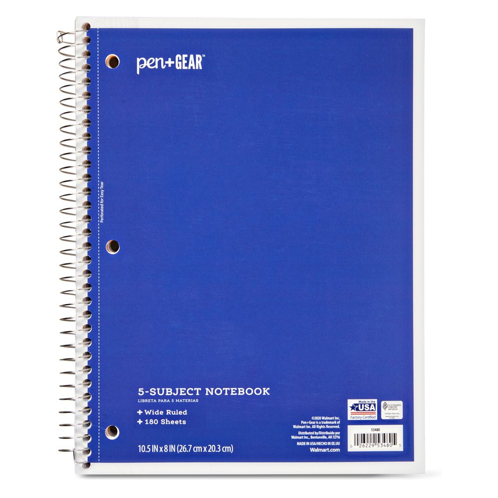 Pen + Gear 5Subject Spiral Notebook, Wide Ruled, Blue, 180 Sheets