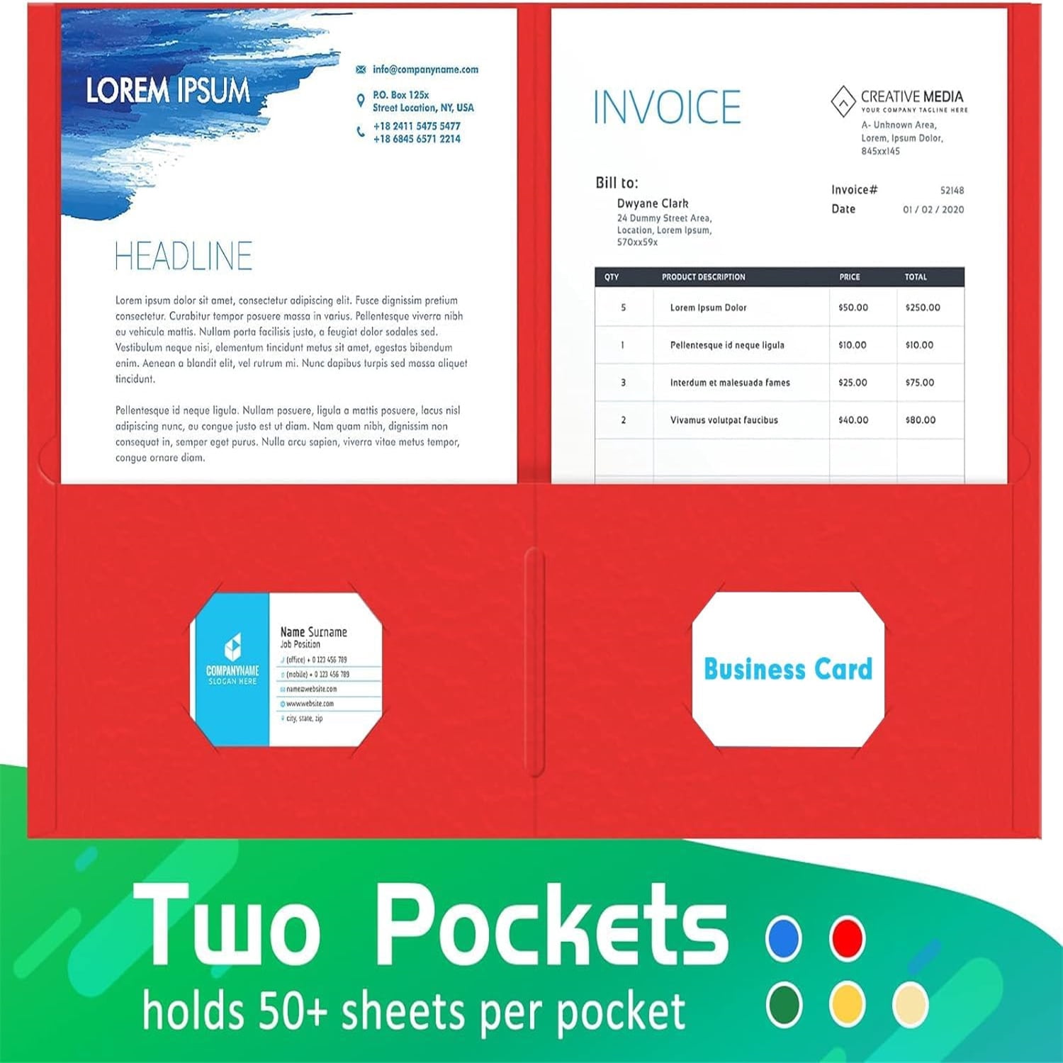 125 Pack 2 Pocket Folders with Business Card Slot, Letter Size Paper Folders Designed for Office and Classroom Use, Assorted 5 Colors
