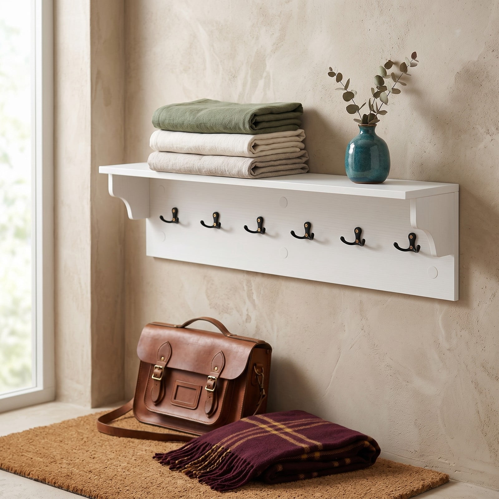 Furnibear Wall Mounted 31.5 inch Wooden Coat and Hat Rack with Top Shelf and 6 Hooks for Hats Towels Purses and Robes, White