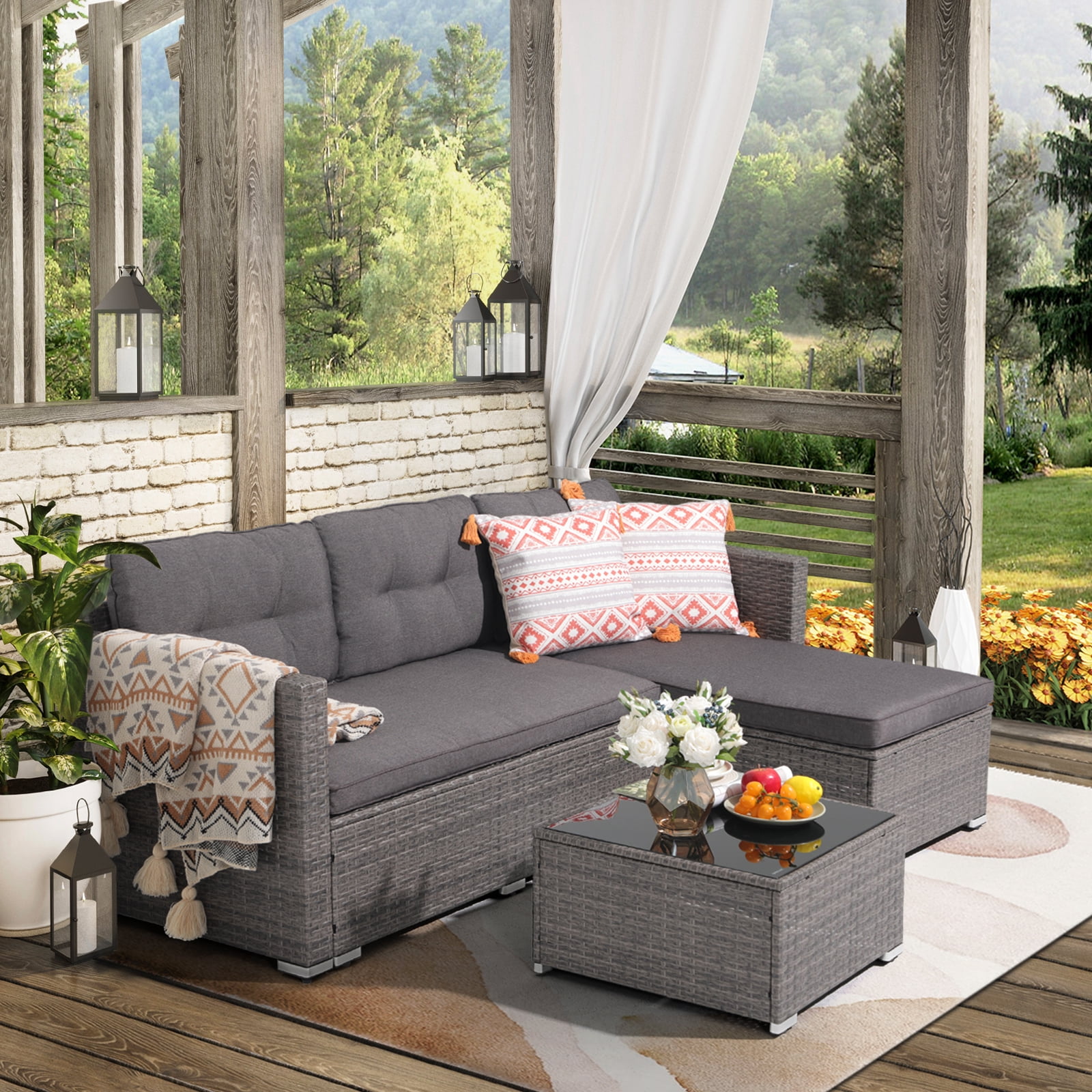 JOIVI 3 Pieces Patio Conversation Set, PE Wicker Rattan Outdoor Furniture Set, 2 Ways Small Sectional Sofa with Cushions, Tempered Glass Coffee Table, Dark Gray
