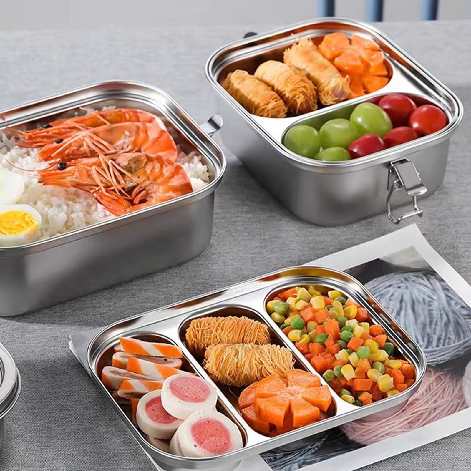 304 Stainless Steel Leak-Proof Lunch Box with Dividers, Double Layer Lockable Bento Box for Work Travel Meal Prep, Medium