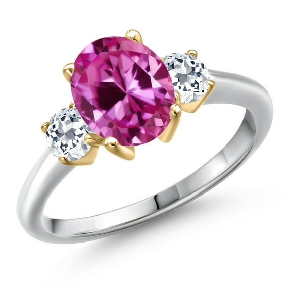 Gem Stone King 10K Two Tone Gold Pink Created Sapphire and White Topaz Engagement Ring for Women | 1.66 Cttw | Oval 9X7MM | Gemstone September Birthstone | Size 8