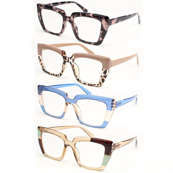 Zinqora 4‑Pack Women Square Leopard Print Color Block Reading Glasses, Fashion Readers