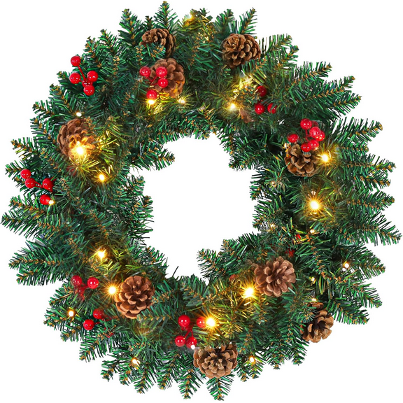 Christmas Wreath for front door with Warm LED Lights Pine Cones & Berries, Ideal Xmas Wreath
