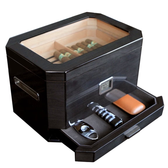 Octodor Large Black Piano Finish Glass Top Cedar Humidor Holds (50-100 Cigars) by Case Elegance