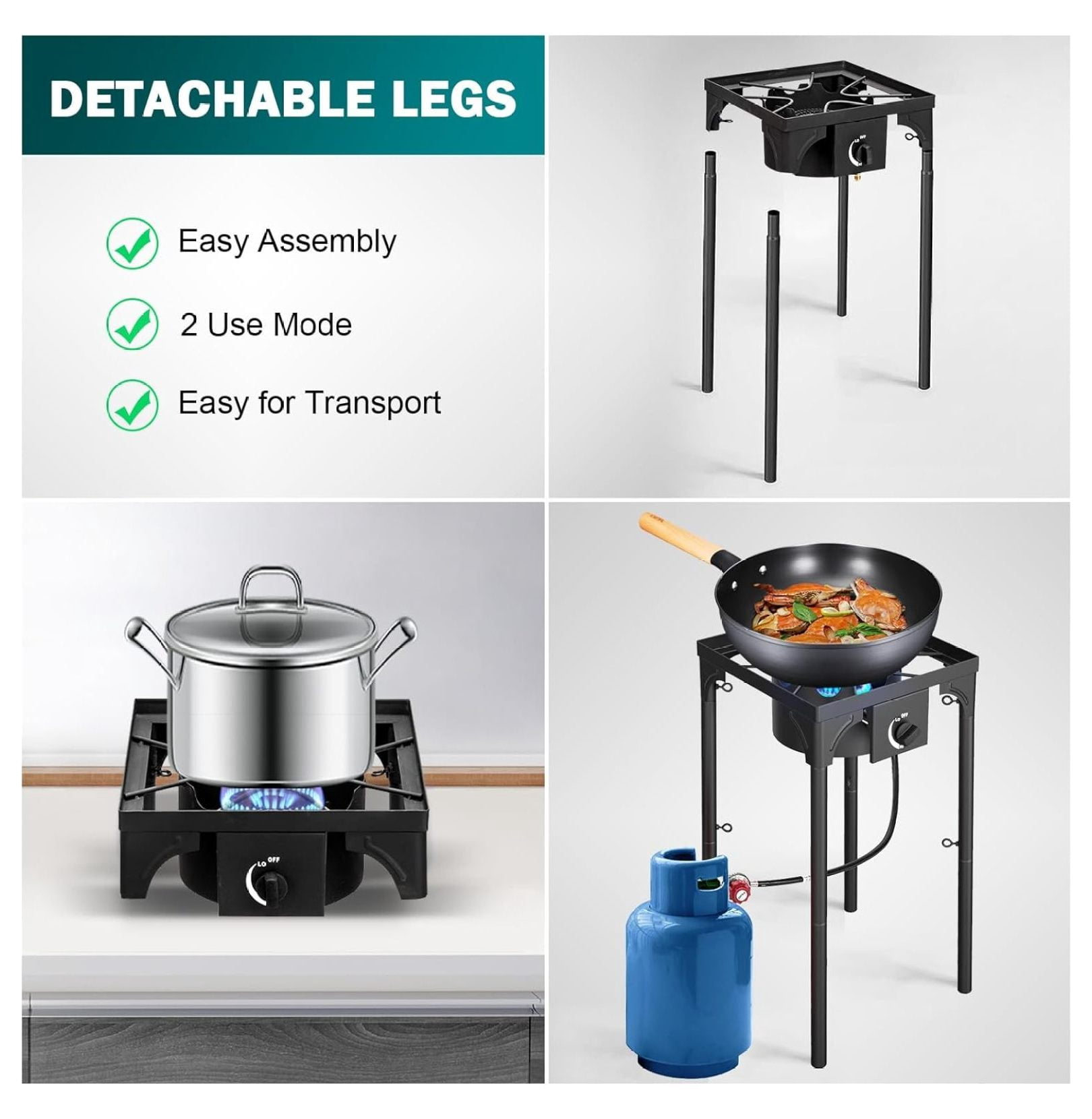 Outdoor Gas Stove 1 Burner, 75000 BTU/hr, High Pressure Outdoor Stove with 0-20 PSI Adjustable Regulator and 4ft Hose, Propane Stove for Patio Backyard Camping with Detachable Stand Legs