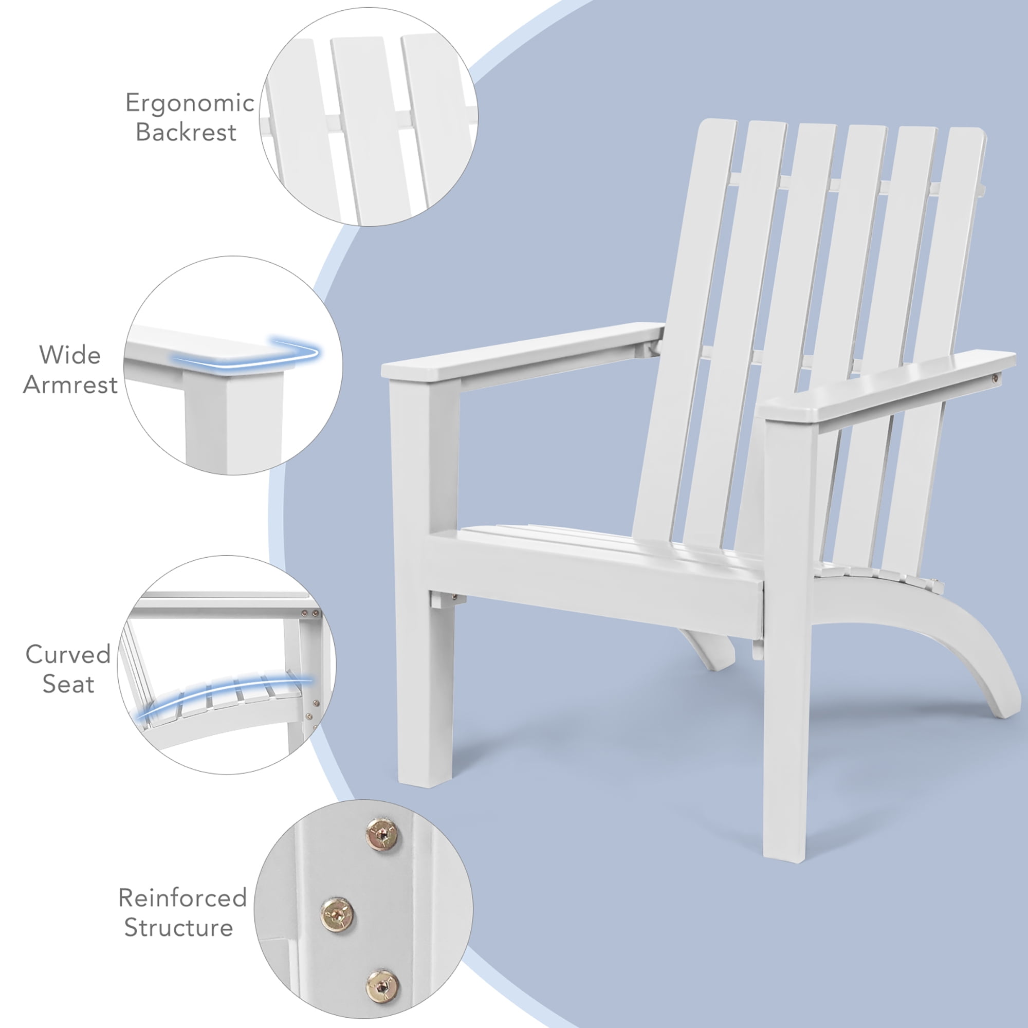 Costway Patio Adirondack Chair Acacia Wood Lounge Armrest Garden Deck White