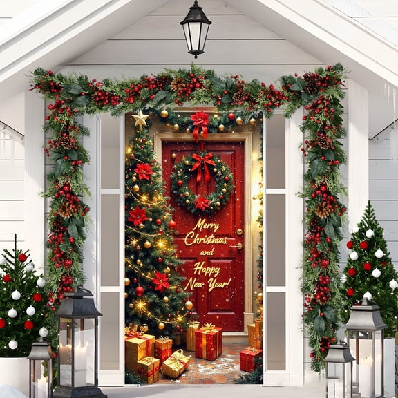 KOYPTL Christmas Door Cover,35 X 71 Inch Merry Christmas Fabric Front Door Banner For Indoor Outdoor Decor,Backdrop Banner Hanging Cover Decorations For Winter Festival New Year Christmas Decorations