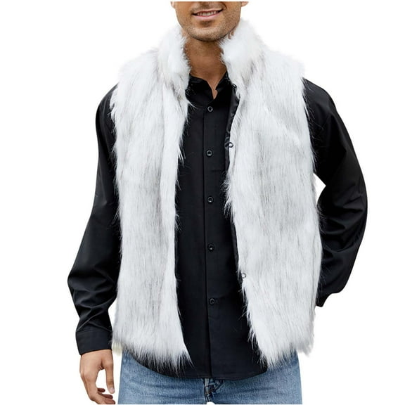 ZQUUVOU Men's Sleeveless Faux Fur Vest Stand Collar Open Front Cardigan Fuzzy Fleece Jacket Casual Gilet Thermal Vest White