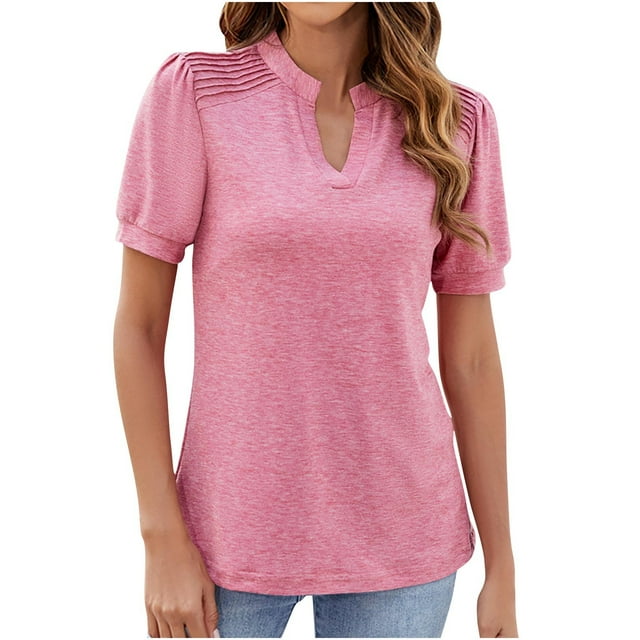Yuyuzo Womens Tops Short Sleeve Shirts V Neck Tunic Top Solid Color Blouses Loose Fitted Tees