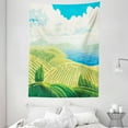 thumbnail image 1 of Outdoors Tapestry, Lake Mountains Fields Idyllic Nature Beauty, Wall Hanging for Bedroom Living Room Dorm Decor, 60W X 80L Inches, Sky Blue Pastel Yellow Pale Green and Fern Green, by Ambesonne, 1 of 2