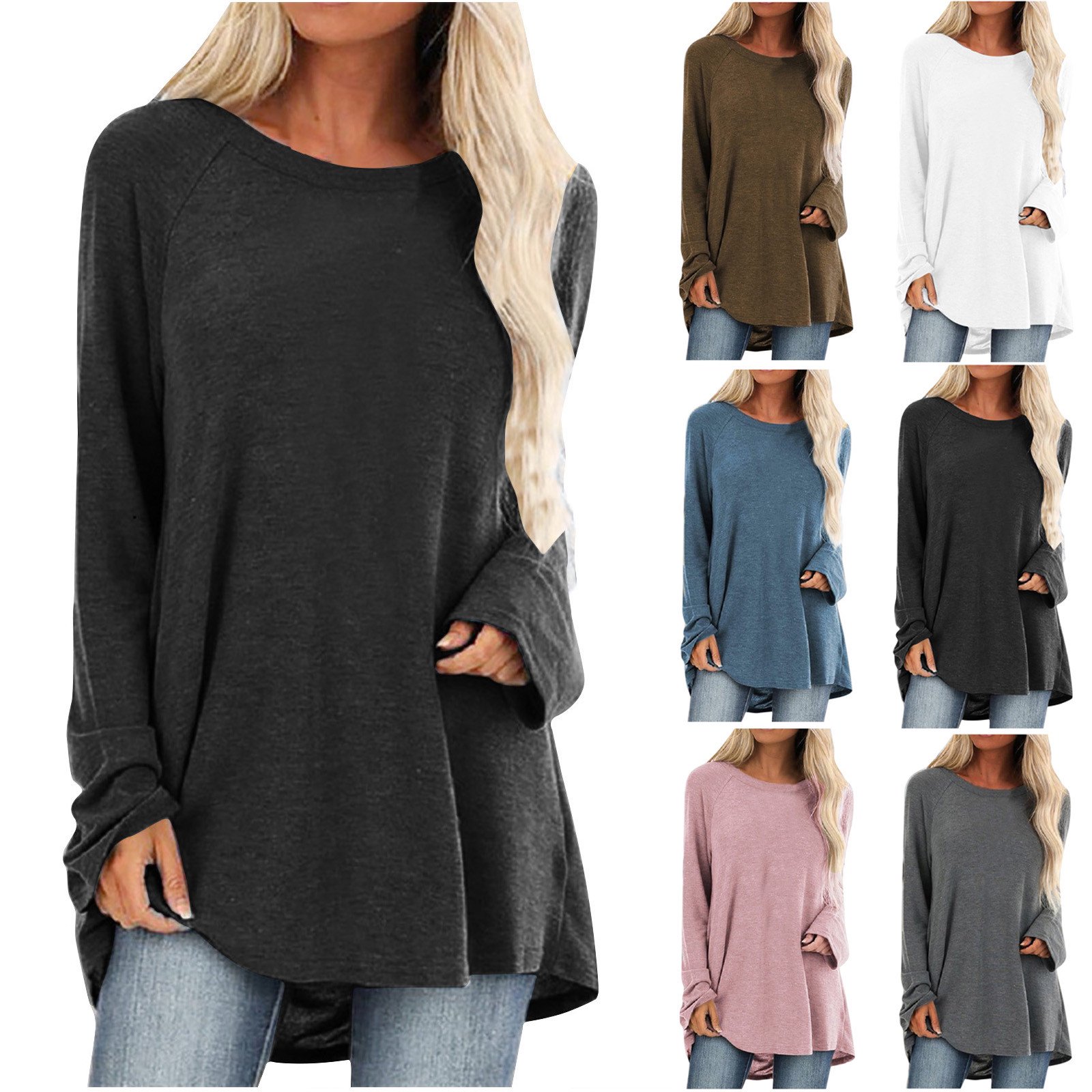 Tops Femme Manches 3/4 - T-Shirts Décontractés Plus Size Crewneck - Hauts Été Amples Couleur Unie