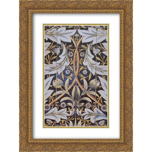William Morris 2x Matted 18x24 Gold Ornate Framed Art Print 'Panel of ceramic tiles designed by Morris and produced by William De Morgan'