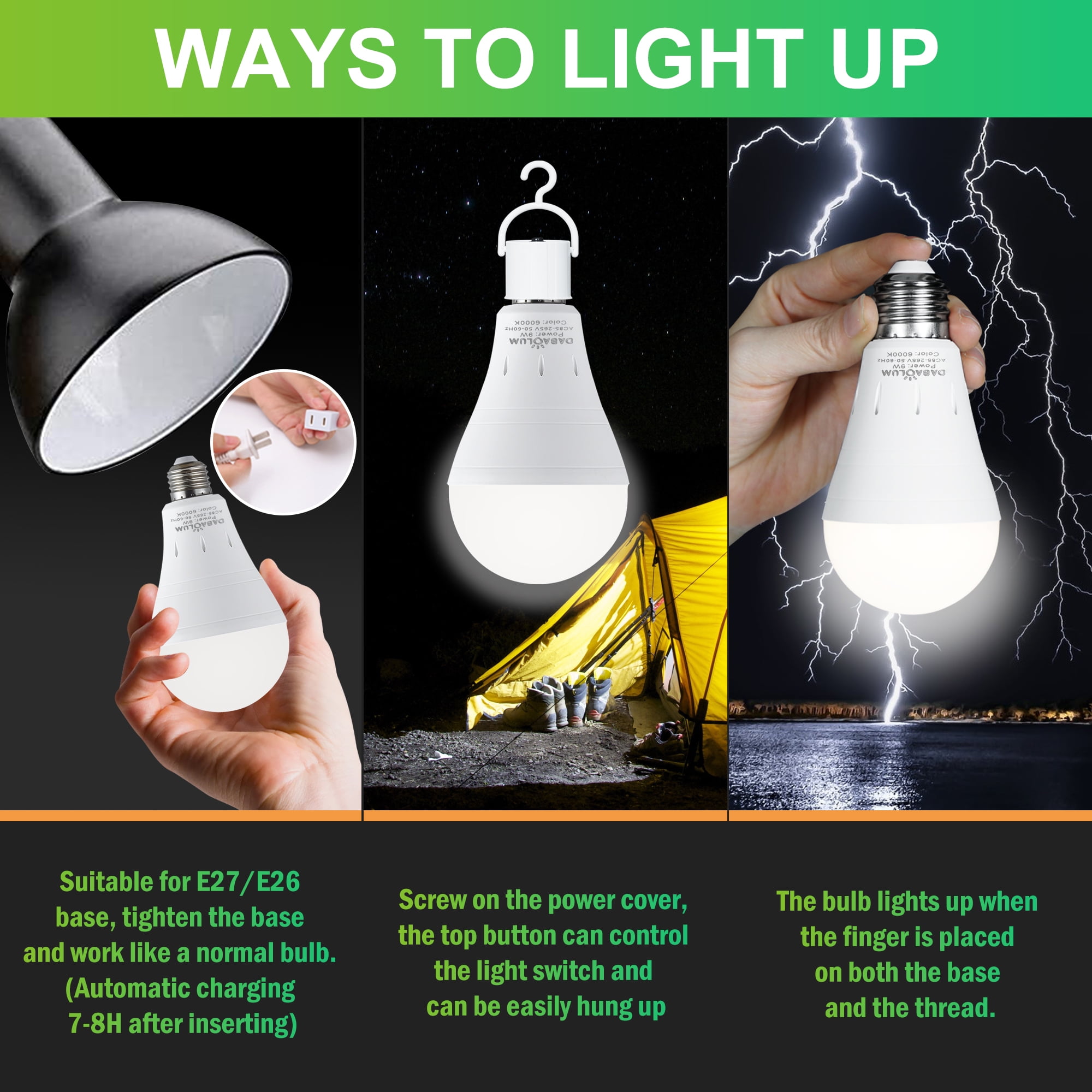 DABAOLUM 6pcs Rechargeable Light Bulbs, 6000K Emergency Battery Operated  Bulb with Hook,E26