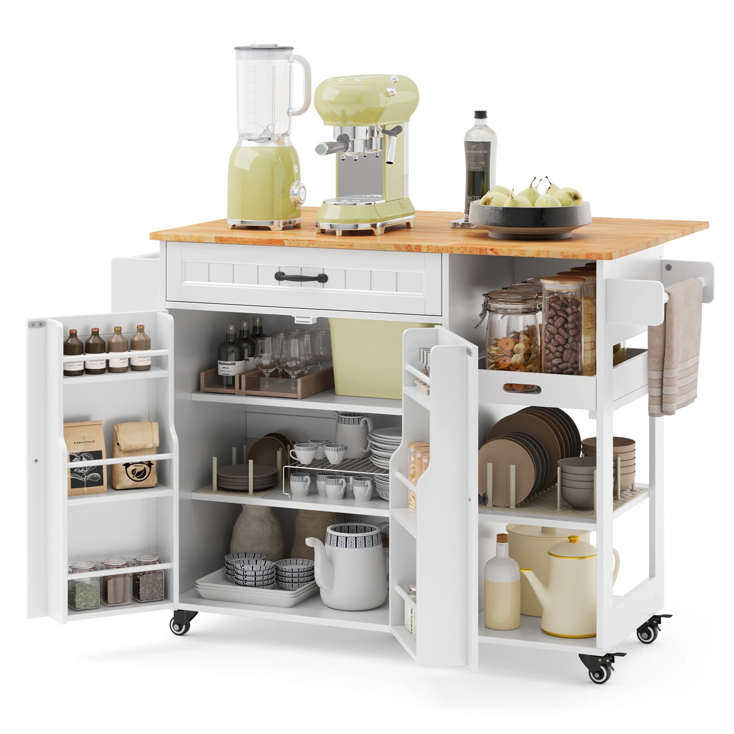 Kitchen Island, Lofka 41.7" W Kitchen Island with Storage, Rolling Island Table with Drop Leaf, Adjustable Shelf, Spice/Towel Rack, White