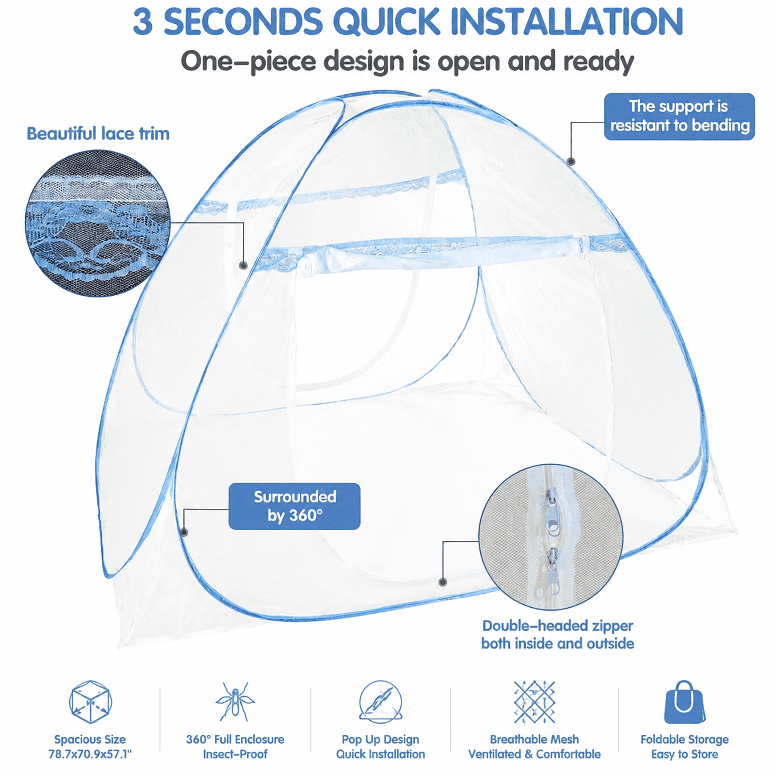 Leyeet Mosquito Net for Bed, Foldable Net Bed with Zipper Closure Design, Automatic Pop Up Mosquito Net, Portable Insect-Proof Mosquito Net Tent for Indoor, Outdoor Camping, Travel, Easy Installation