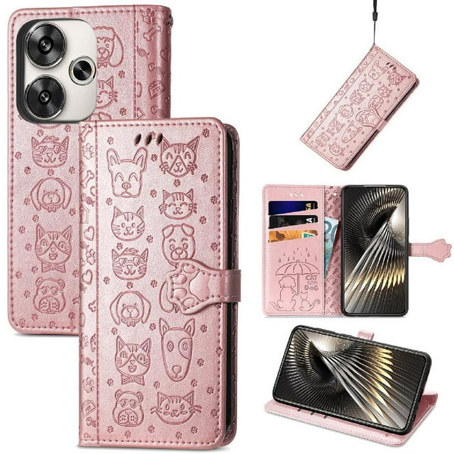 Funda Cartera FOXDOCK para Xiaomi POCO F6 , Flip PU con Relieve de Gatos y Perros, Tarjetero y Soporte