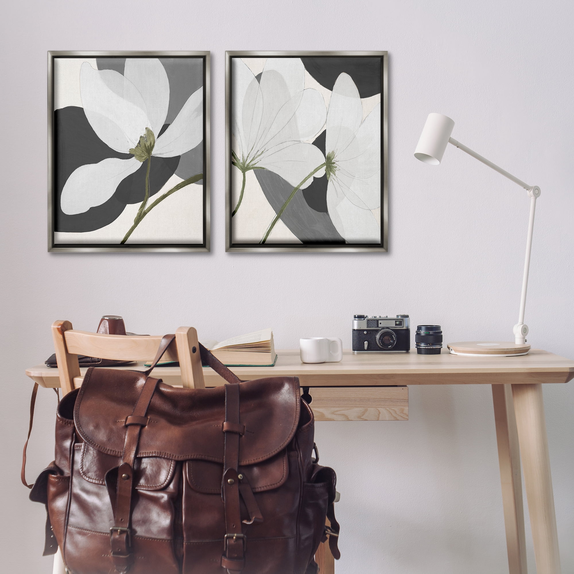 Stupell Industries Large White Petal Drawing Plants & Flowers Painting Gray Floater Framed Canvas Art Print Wall Art, 31 x 25, Set of 2