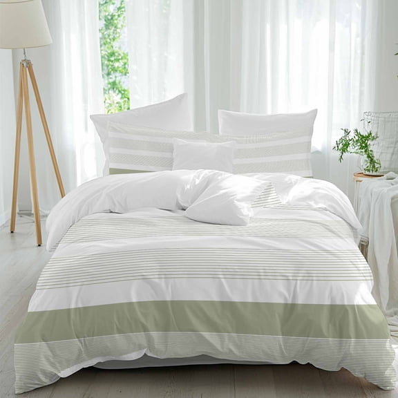 3 Piece Sage Green Stripe Duvet Cover Set Queen Size,Microfiber Comforter/Quilt Cover with Corner Ties and 2 Pillowcases,Modern Rustic Horizontal Green Striped All Season Bedding with Zipper Closure