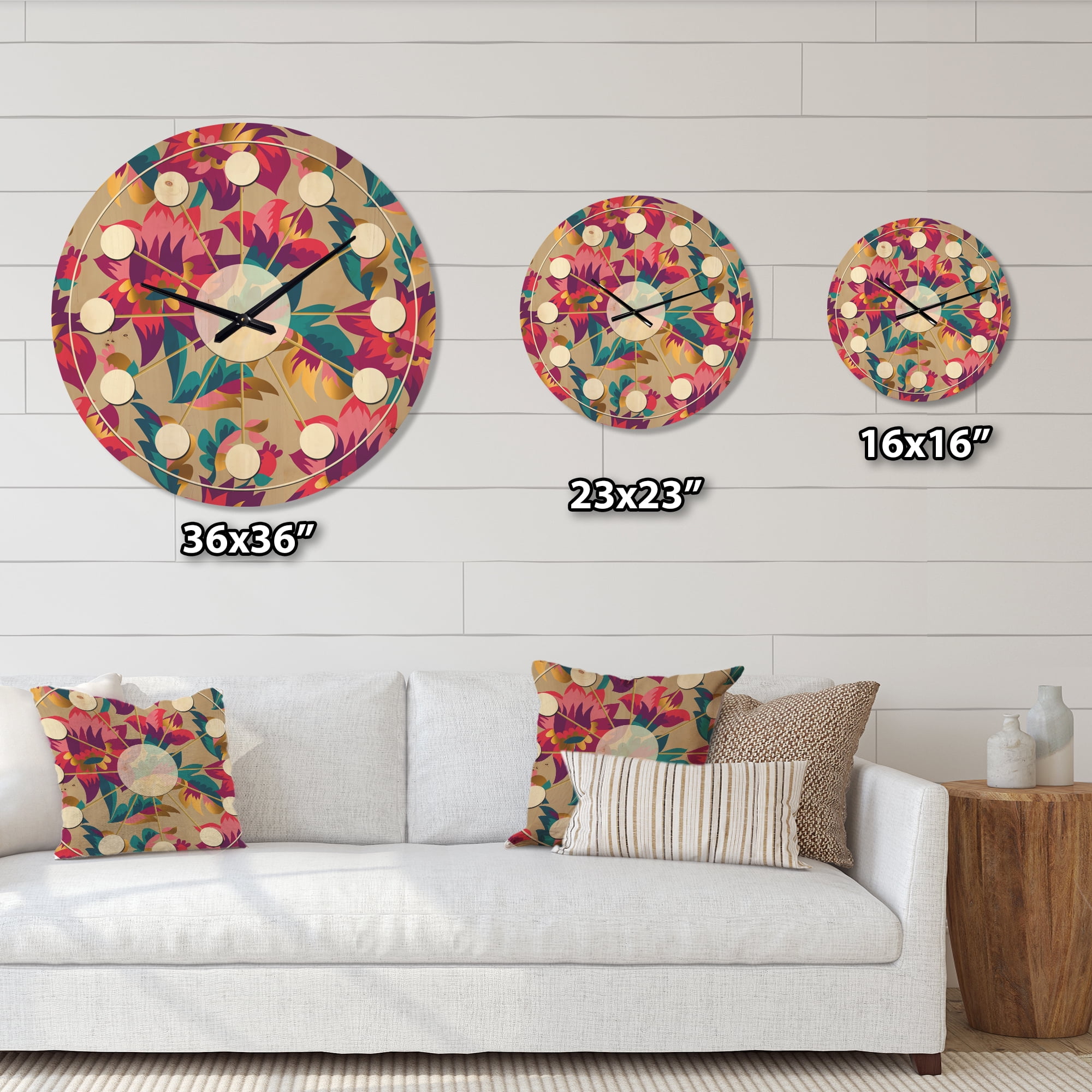 Designart 'Elegant blossom Retro pattern' Mid-Century Modern Wood Wall Clock