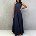 thumbnail image 5 of Smsaxvxz Summer Dresses for Women Fashion Solid Crew Neck Sleeveless Casual Loose Ice Silk Crinkle Flared Maxi Dress Navy 3XL, 5 of 7