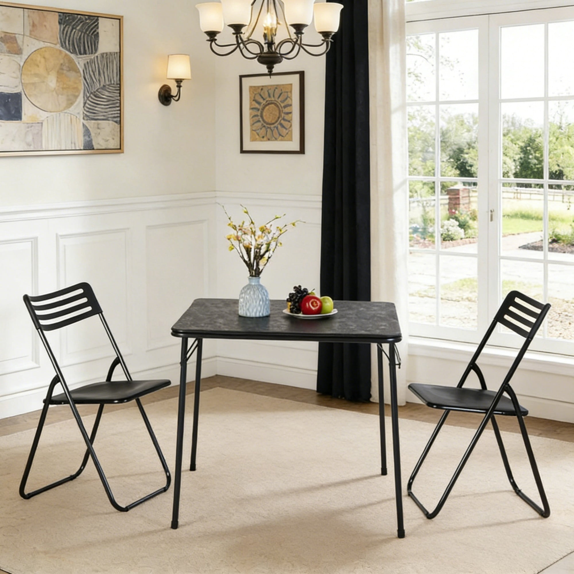 BSHTI 34" Square Folding Table – No Assembly Portable Card Table, PVC Top with Metal Frame, Indoor Outdoor Use for Dining Room, Living Room, Office & Camping, Black