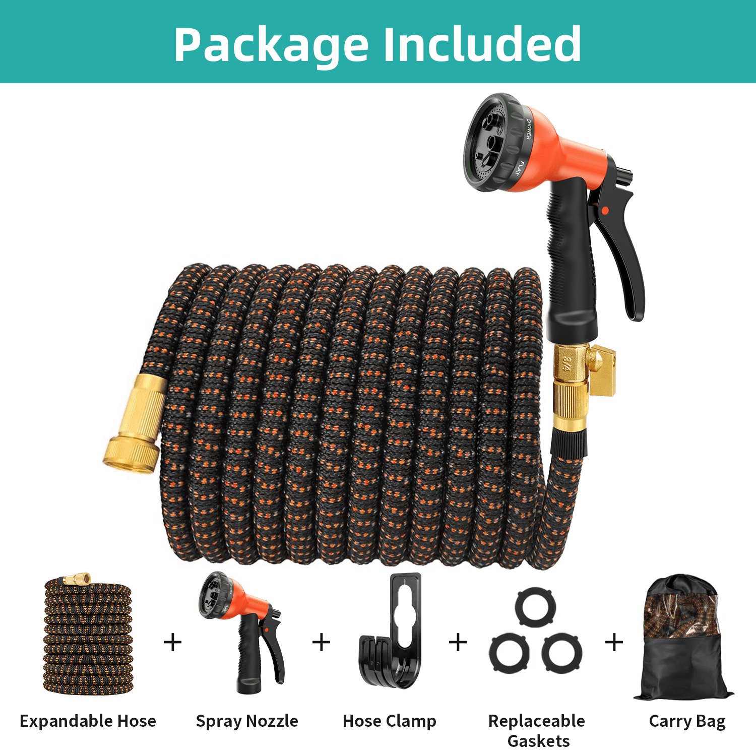 50FT Expanding Water Hose – Flexible Lightweight No-Kink Garden Hose for Outdoor Watering, Car Wash, Lawn & Yard with Leakproof Brass Fittings, Durable Expanding Water Hoses, Black Orange