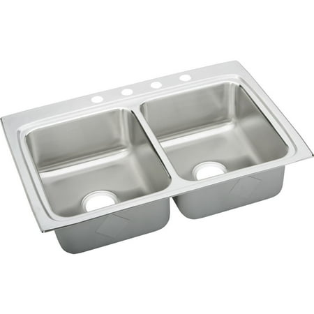 Lustertone Self Rim Double Bowl Elkay LR33225 Gourmet Lustertone Stainless Steel Double Bowl Top Mount Sink with 5 Faucet Holes ()