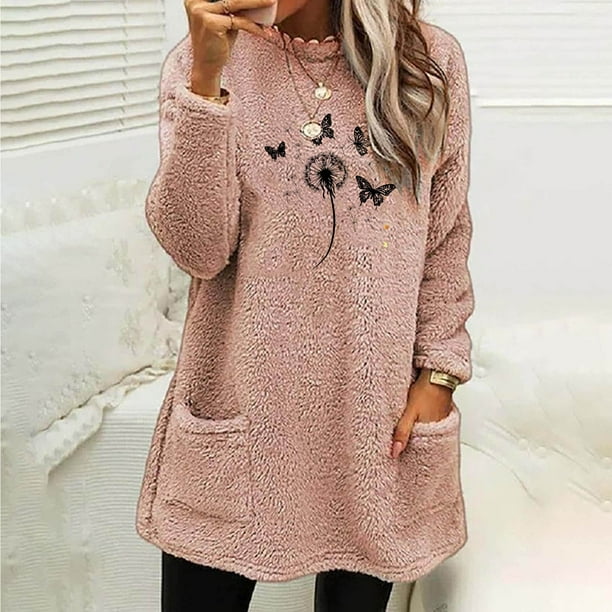 HongQid Fleece Sweatshirt for Women Winter Warm Sherpa Tunic Thermal Fleece Crew Neck Long Sleeve Pullover Loungewear with Pockets