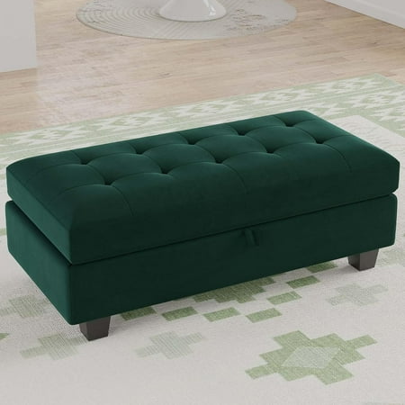 Belffin Storage Ottoman Oversized Rectangular Ottoman with Storage Velvet Tufted Upholstered Footstool Ottoman for Living Room Bedroom (Green)