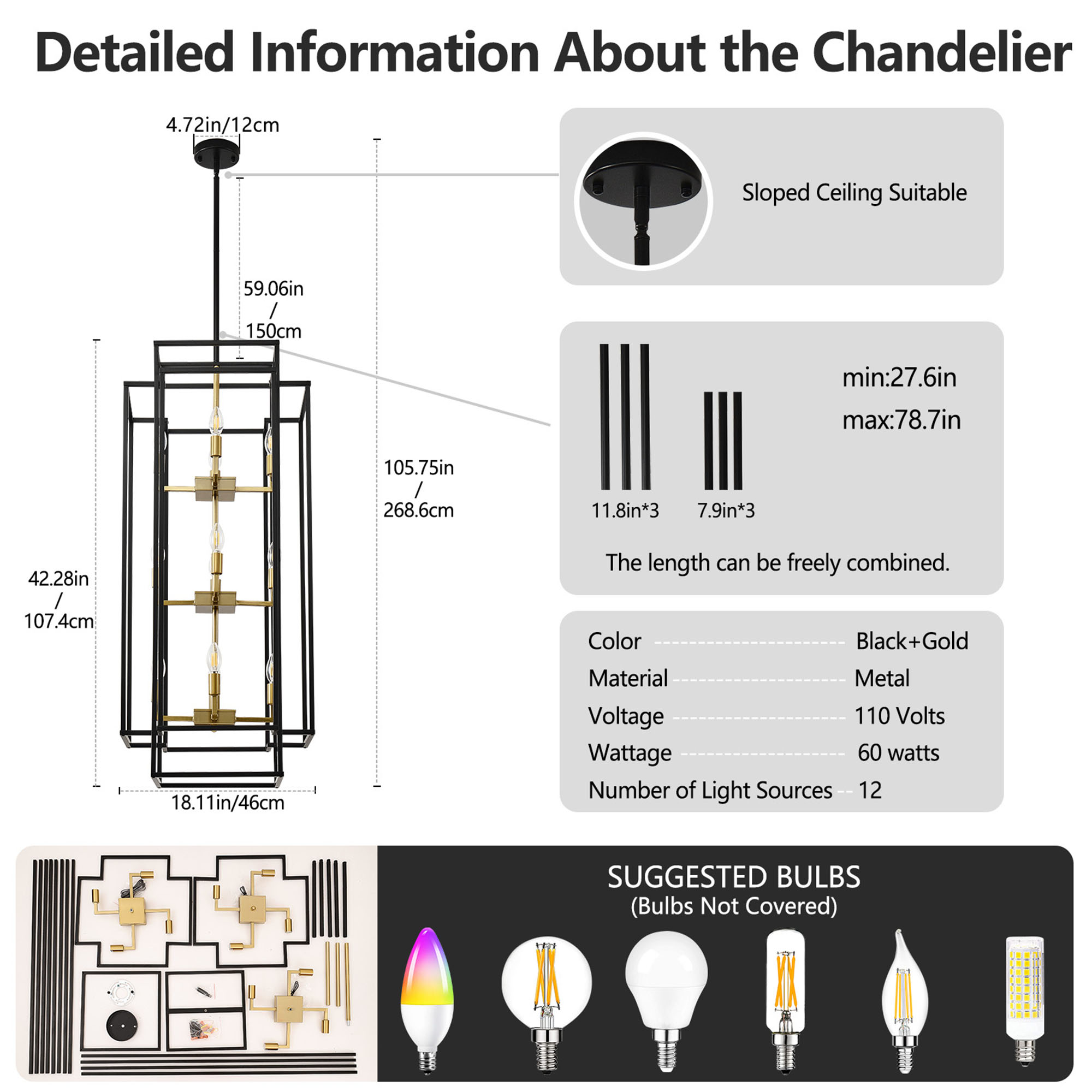 12-Light Lantern Tiered Pendant Light Fixtures,Farmhouse Foyer Chandelier, Black and Gold Dining Room Light Fixture for Living Room Staircase Entryway
