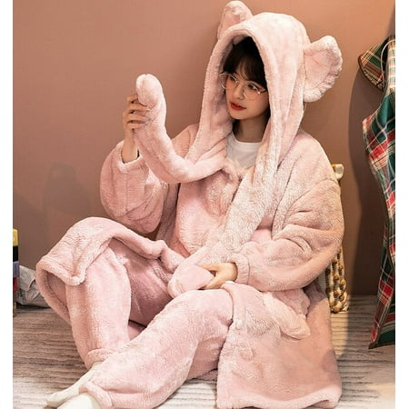 

PIKADINGNIS Nightgown Pants Suit Winter Women Sweet Thicken Coral Fleece Pajamas Sets Anime Cute Plush Warm Homewear Sleepwear Girls 2PC Set