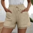 thumbnail image 6 of Mifsaly Womens Summer Shorts Eyelet Lace Trim Hem Elastic Waist Drawstring Cotton Linen Shorts with Pockets Lightweight Breathable Beach Holiday Clothes Beige,S, 6 of 8
