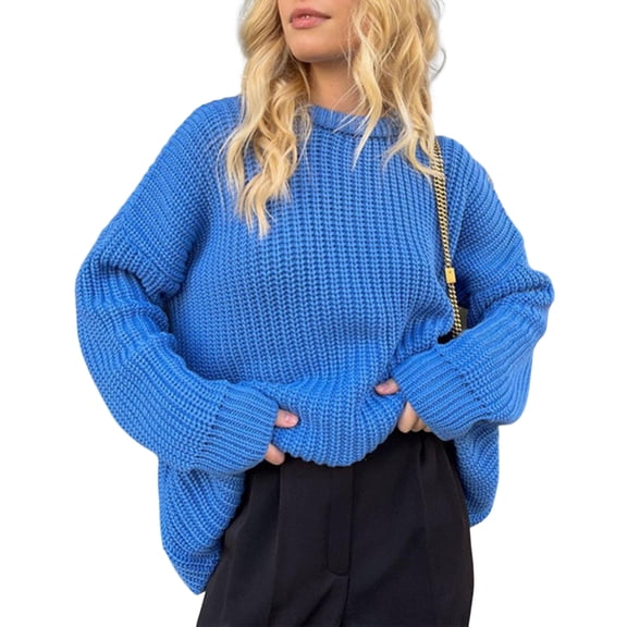 comerut O-Neck Long Sleeves Ribbed Trim Coarse Yarn Sweater Jumper Winter Solid Color Loose Warm Pullover Sweater Female Clothing