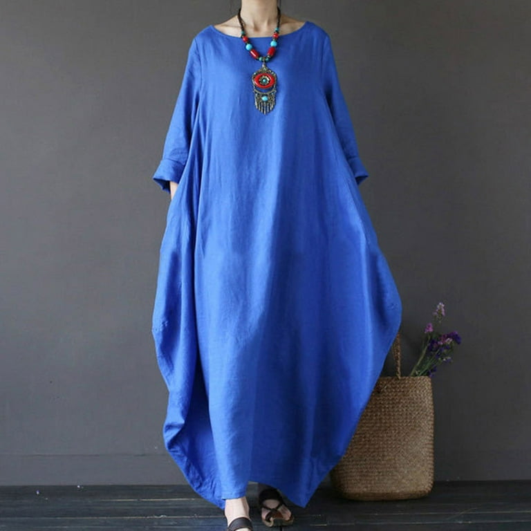 Lekwk Plus Size Linen Dresses for Women Oversized Long Sleeve Round Neck Cocoon Dress Baggy Maxi Dresses Casual Robe Daily Wear, Women's, Size: 5XL,