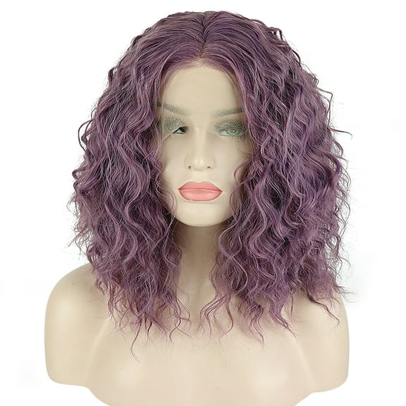 Unique Bargains Lace Front Wigs for Women 14" Purple Medium Long Fluffy Curly Wavy with Wig Cap Synthetic Fibre